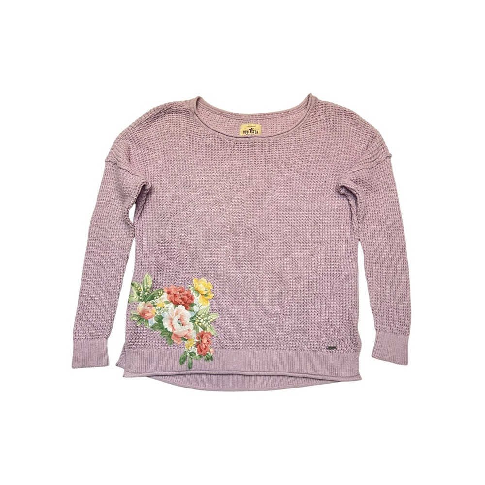 Hollister Upcycled Lavender Purple Waffle Knit Cottage Floral Patch Sweater S